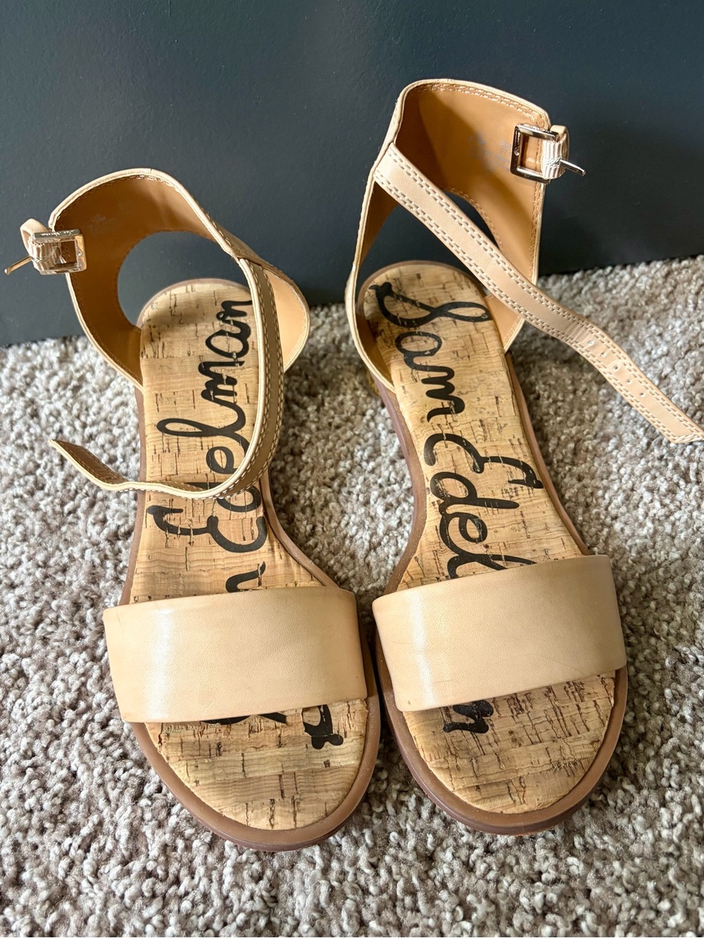 Sam Edelman Teri Ankle Strap Metallic Block Heel Sandals Nude Beige Size 7.5